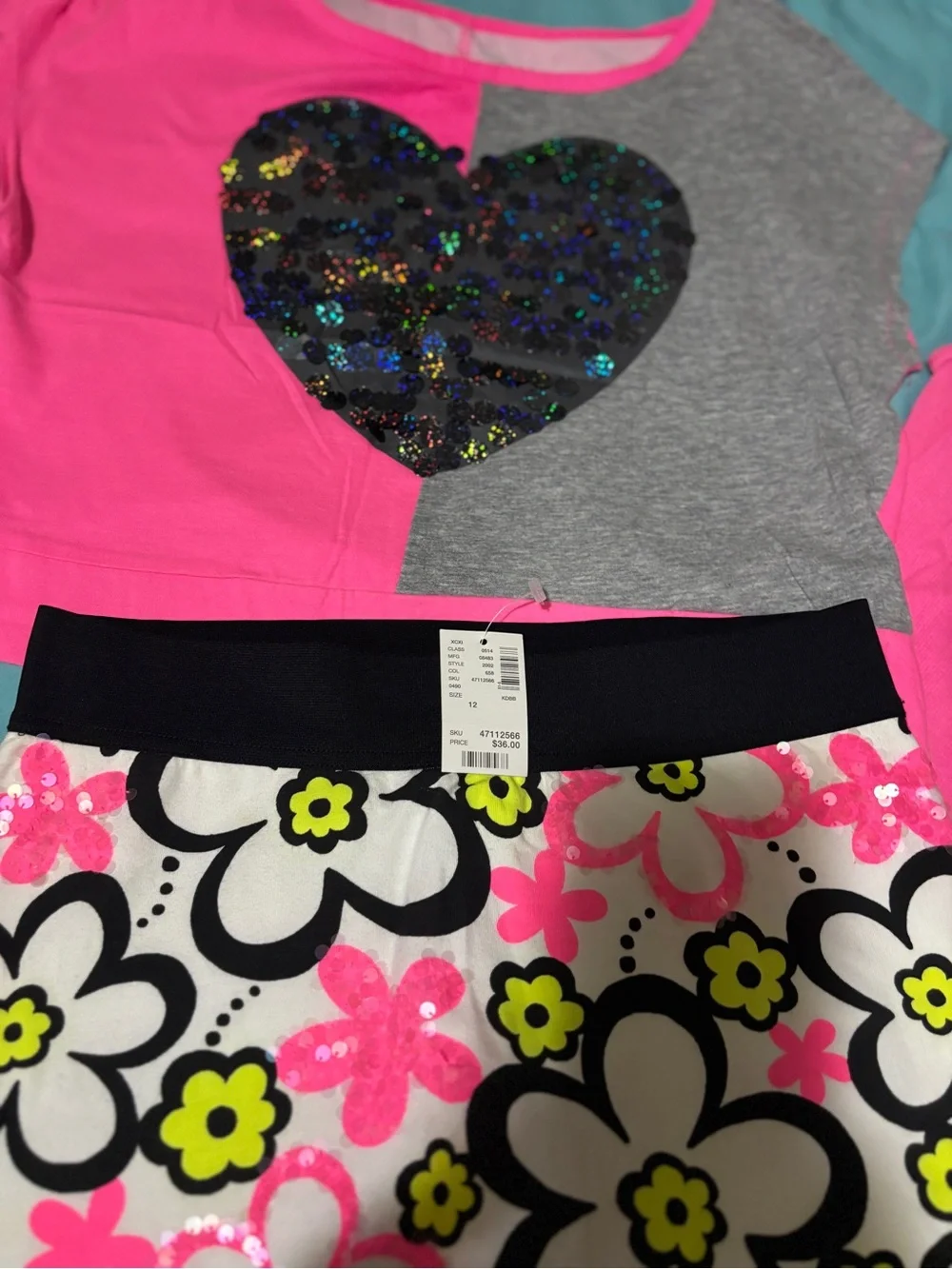 3 piece Justice Girls Pink & Gray Sequin Heart Top with Floral Skirt Set- 12-14